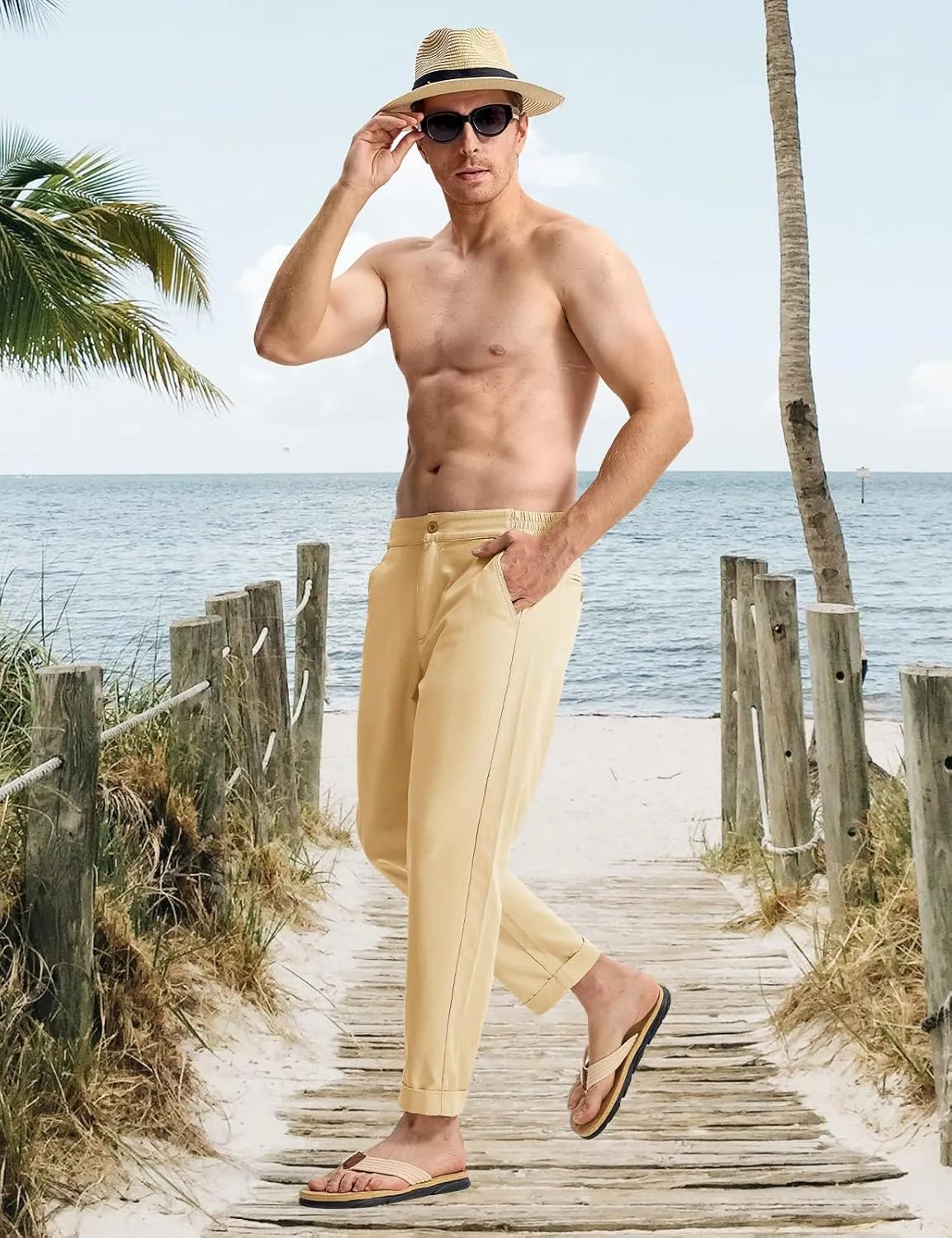 TBMPOY Men’s Linen Pants Casual Lightweight Beach Summer Pants Elastic Waist Slim Fit Trousers