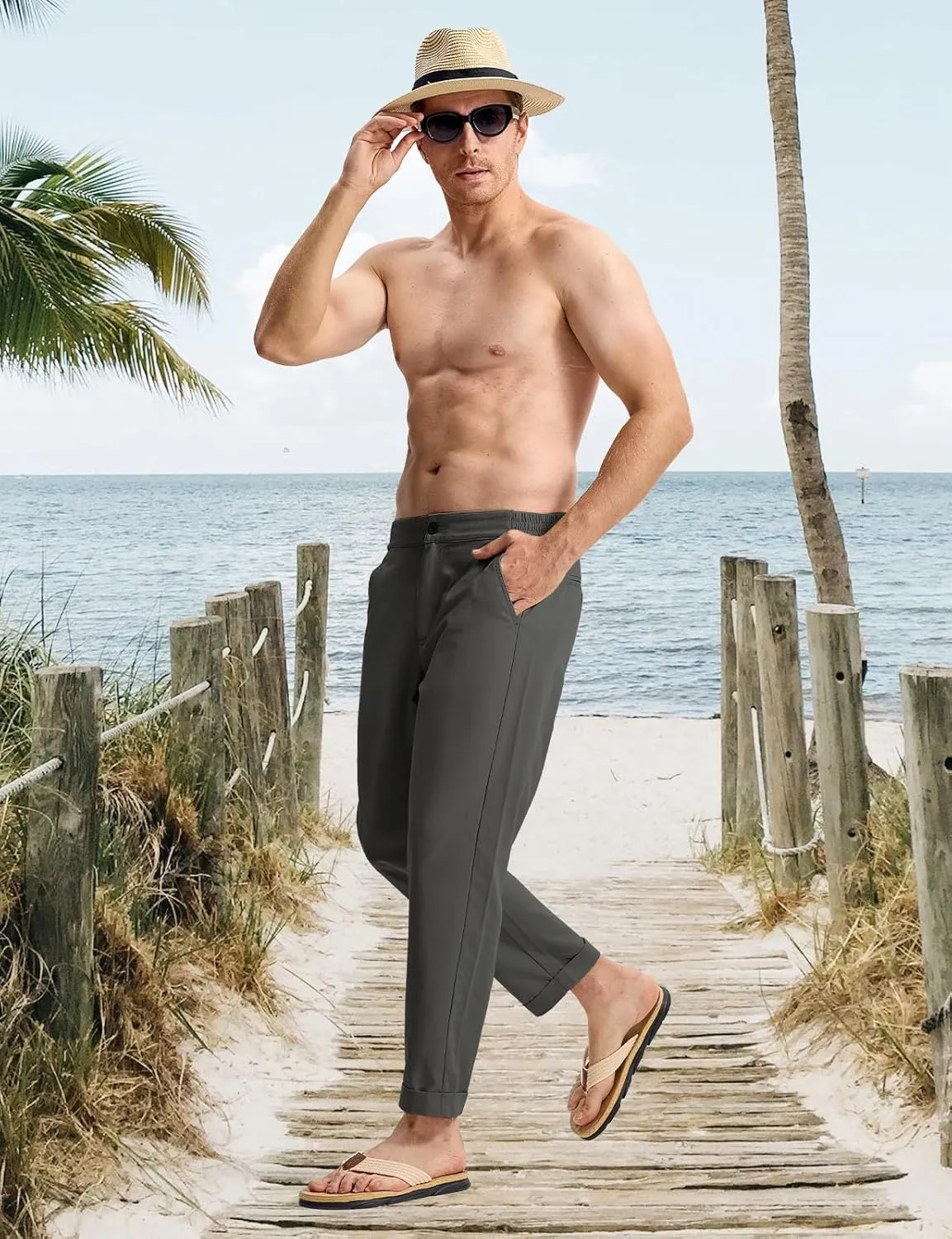 TBMPOY Men’s Linen Pants Casual Lightweight Beach Summer Pants Elastic Waist Slim Fit Trousers