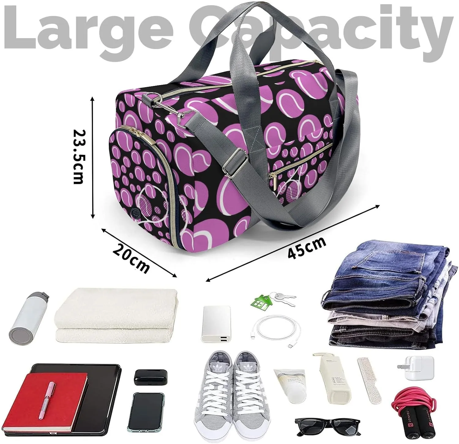Tennis Fuchsia Sport Gym Gym Bag for Women, Travel Duffle Bag Carry On Weekender Bag with Shoe Compartment