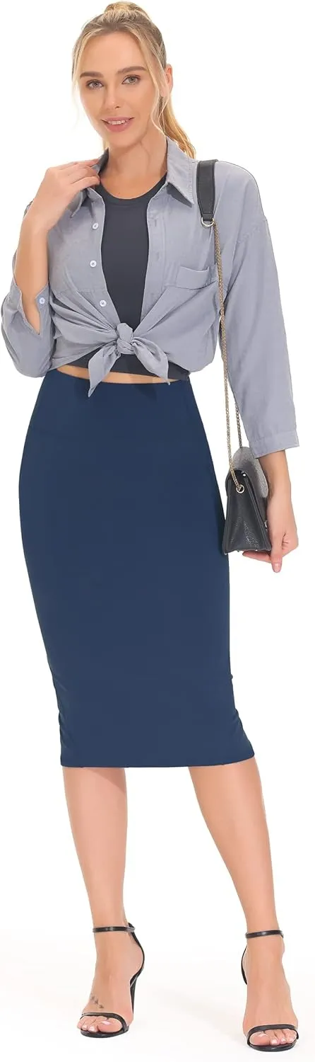 THE GYM PEOPLE Women's High Waist Tummy Control Pencil Skirts Stretchy Bodycon Midi Skirt Below Knee with Back Slit