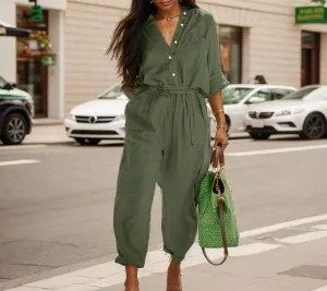 TIAFORD Women Casual Loose Long Sleeve Jumpsuit Cotton Linen Button Down Elastic Waist Long Wide Leg Pant Romper with Pocket