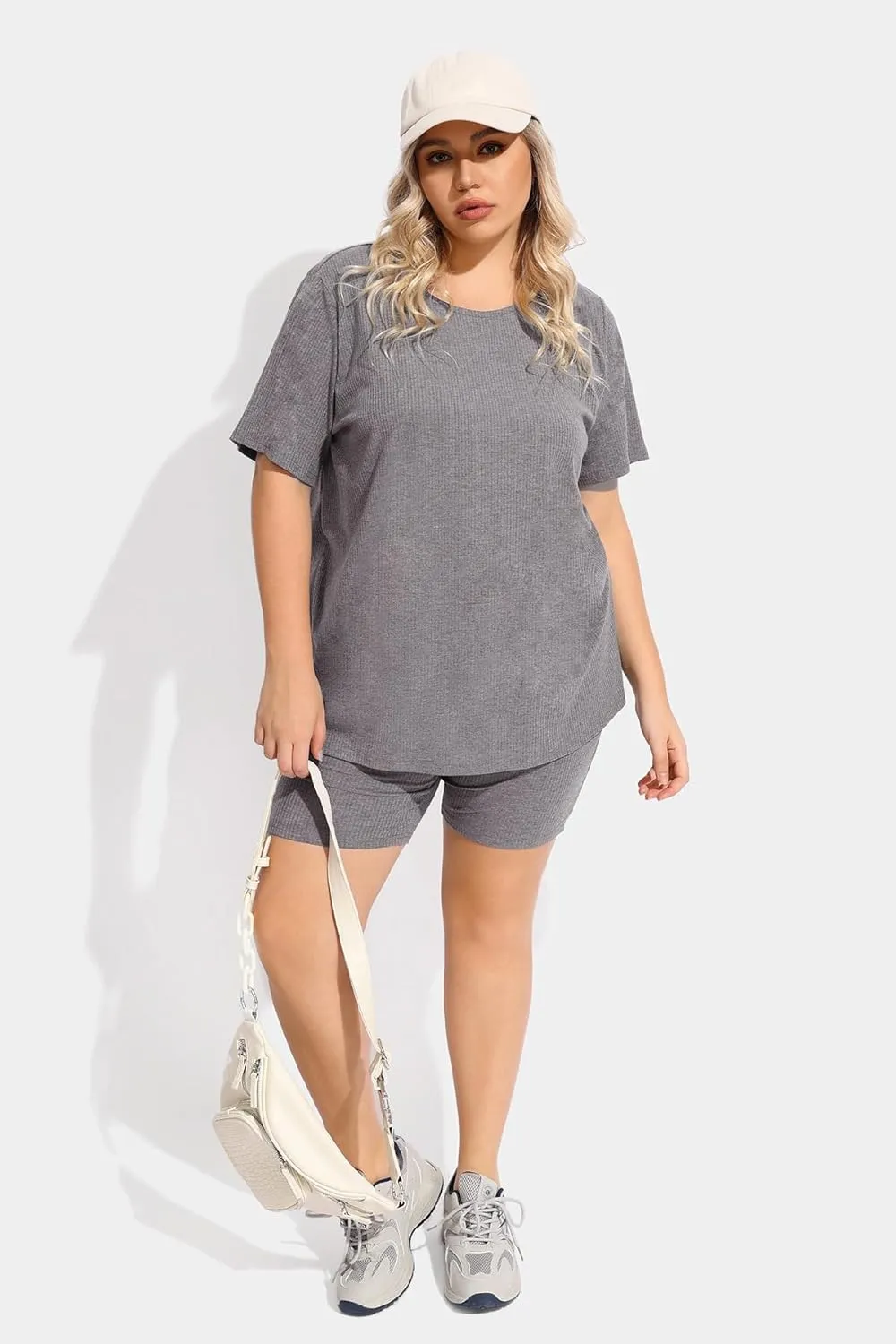 TIYOMI Plus Size 2 Piece Outfits Ribbed Knit Biker Tracksuits for Women Tops & Pants Jumpsuit Sweatsuit Pajama Sets