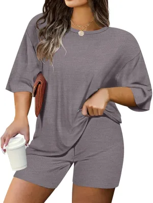 TIYOMI Plus Size 2 Piece Outfits Ribbed Knit Biker Tracksuits for Women Tops & Pants Jumpsuit Sweatsuit Pajama Sets