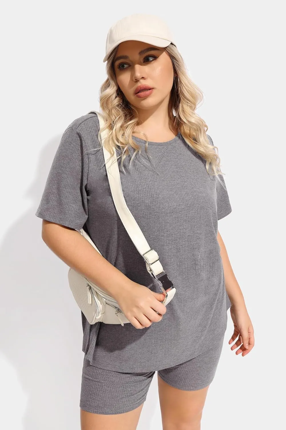 TIYOMI Plus Size 2 Piece Outfits Ribbed Knit Biker Tracksuits for Women Tops & Pants Jumpsuit Sweatsuit Pajama Sets