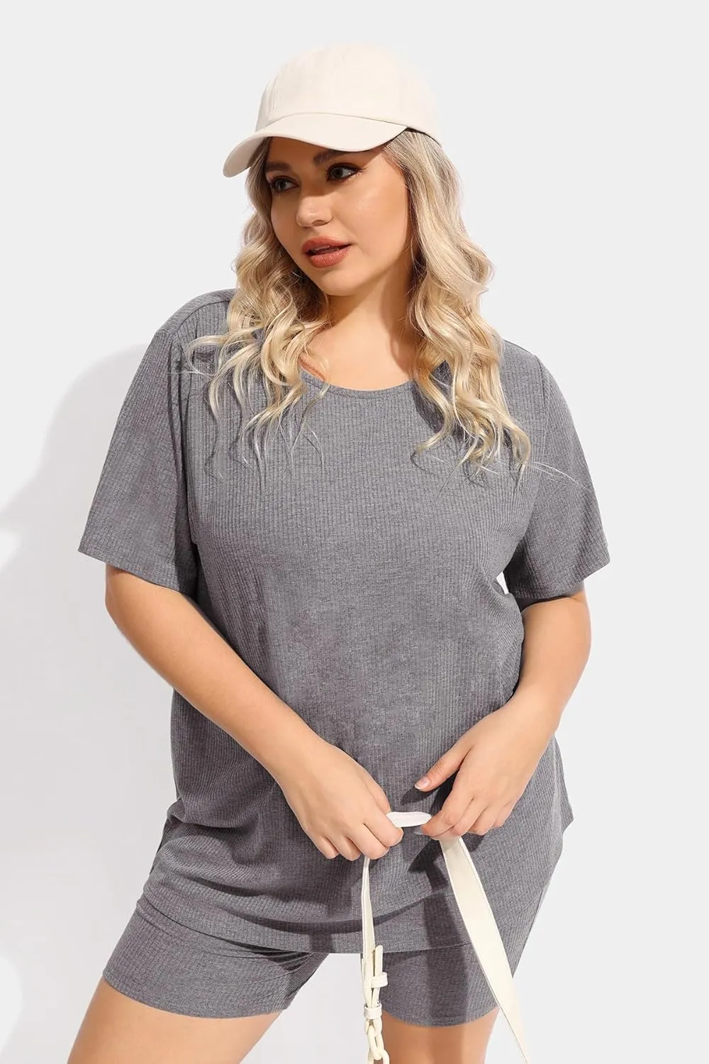 TIYOMI Plus Size 2 Piece Outfits Ribbed Knit Biker Tracksuits for Women Tops & Pants Jumpsuit Sweatsuit Pajama Sets
