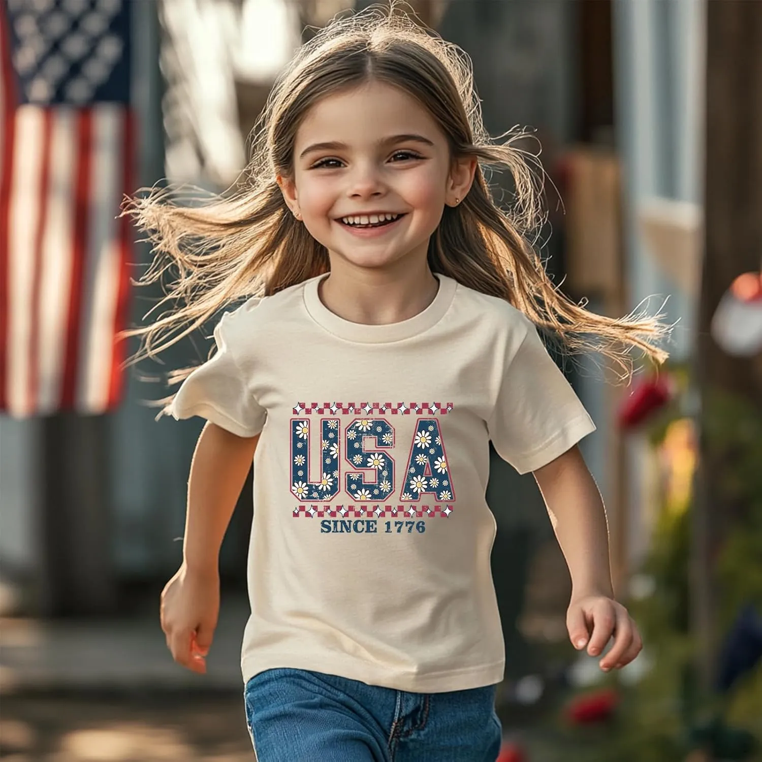Toddler Girl American Flag Shirt 4th of July Tshirt Cotton Short Sleeve Tees 2-12 Years