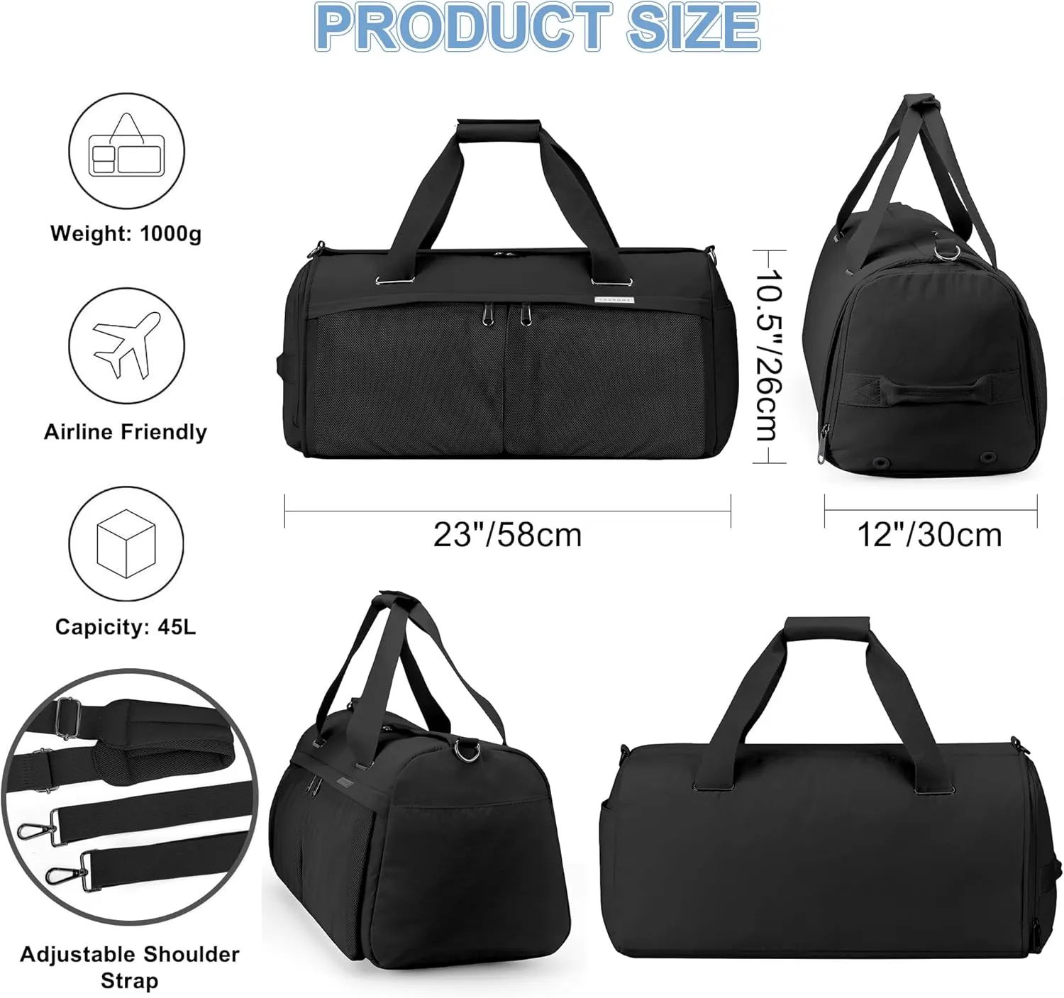 Travel Duffle Bag,Weekender Bags for Women with Shoe CompartmentCarry on Overnight Bag Gym Duffel Bag (black)