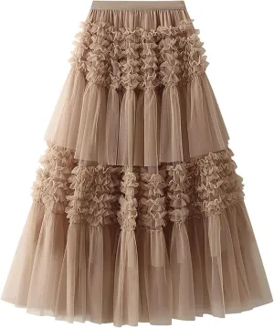 Tulle Skirts for Women Fairy Tutu Tiered Elastic Waist A Line Midi Skirt Casual Ruffles Layered Mesh Party Long Skirts