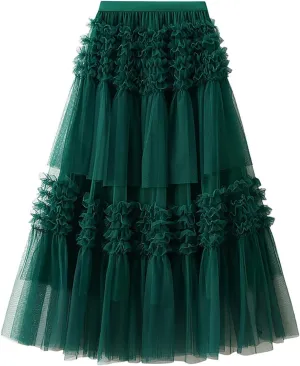 Tulle Skirts for Women Fairy Tutu Tiered Elastic Waist A Line Midi Skirt Casual Ruffles Layered Mesh Party Long Skirts