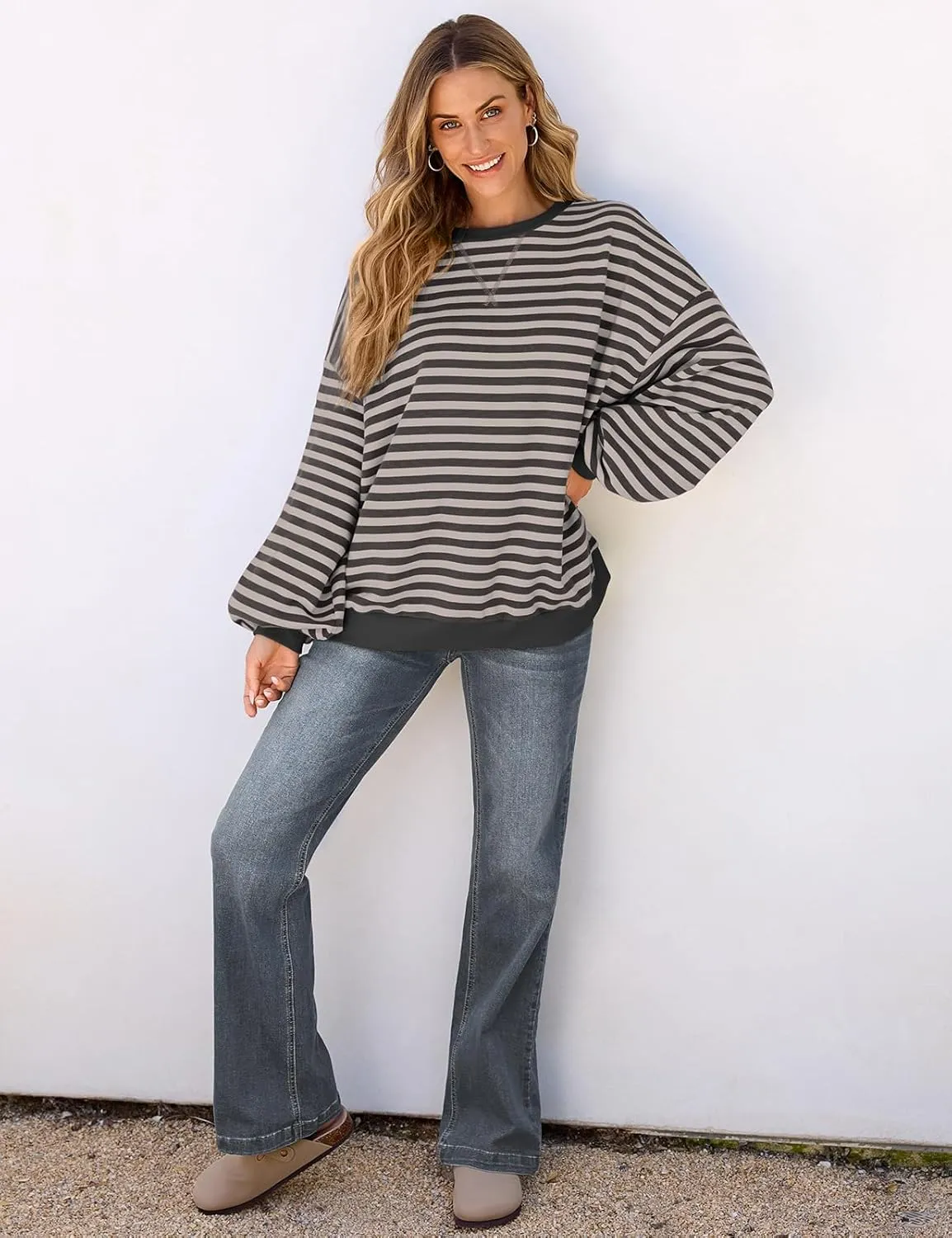 UEU Women Oversized Striped Crewneck Sweatshirt Long Sleeve Color Block Pullover Tops Casual Loose Workout Shirt
