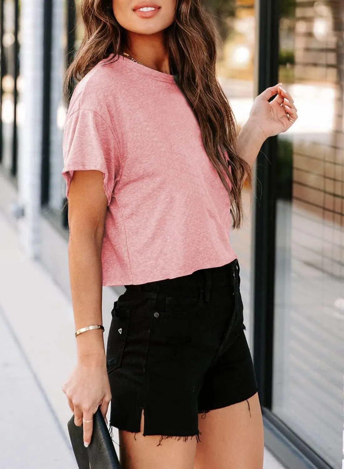 UNCLECAT Women's Cropped T Shirts Trendy Short Sleeve Crew Neck Crop Tops Solid Basic Tee
