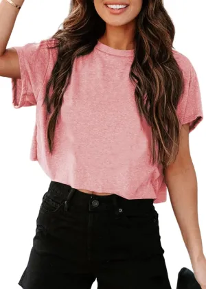 UNCLECAT Women's Cropped T Shirts Trendy Short Sleeve Crew Neck Crop Tops Solid Basic Tee