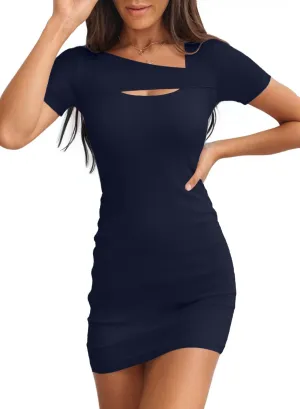 Valiamcep Women's Summer Mini Dress Short Sleeve Square Neck Cut Out Sexy Ribbed Knit Fitted Casual Pencil Bodycon Dresses