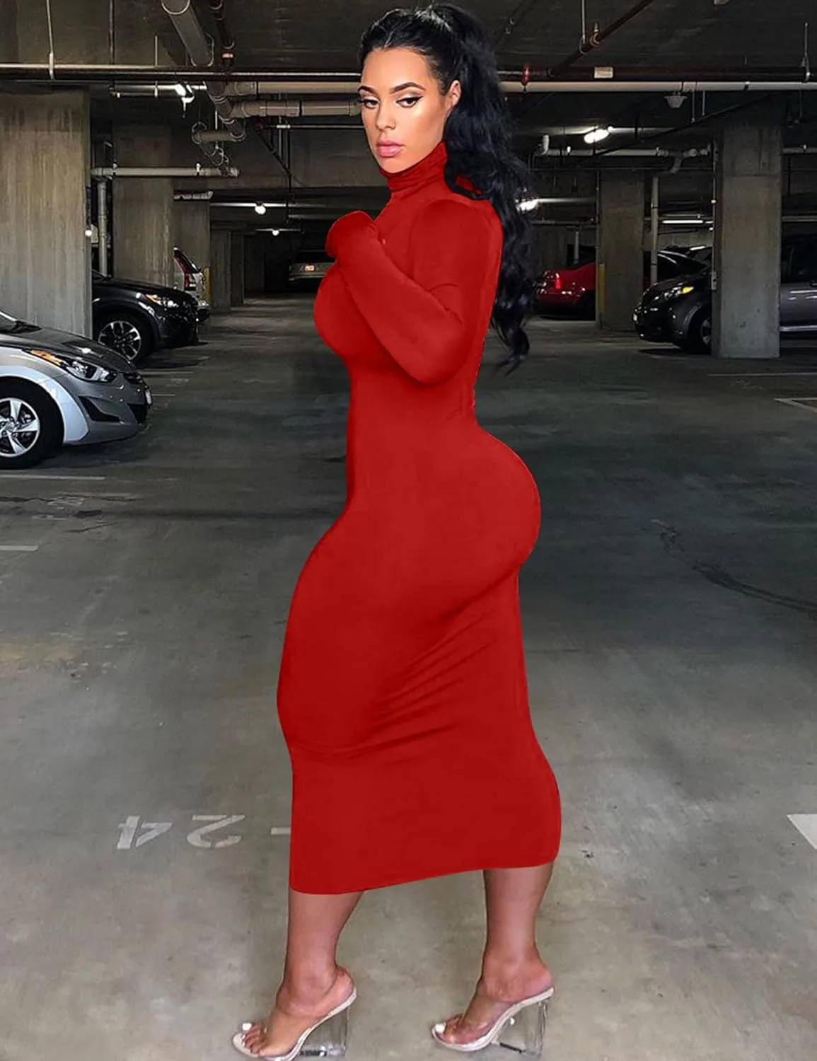 VASAUGE Women's Sexy Bodycon Club Party Long Sleeve Turtleneck Casual Midi Pencil Dress