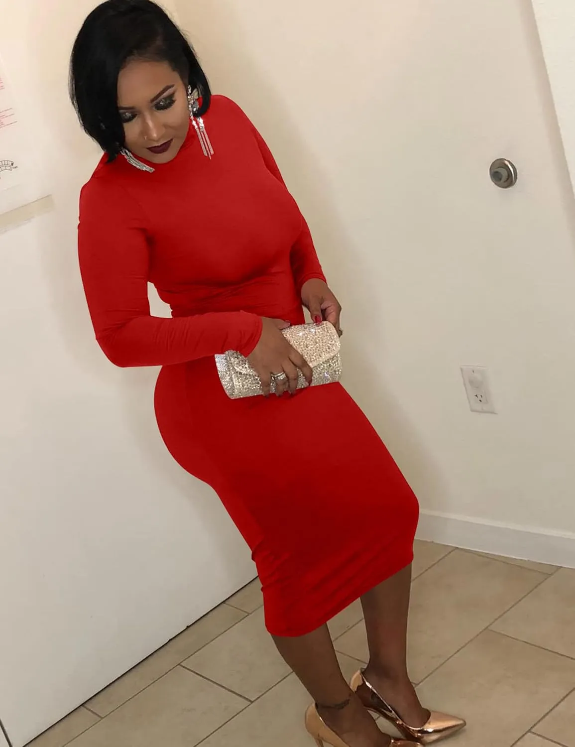 VASAUGE Women's Sexy Bodycon Club Party Long Sleeve Turtleneck Casual Midi Pencil Dress