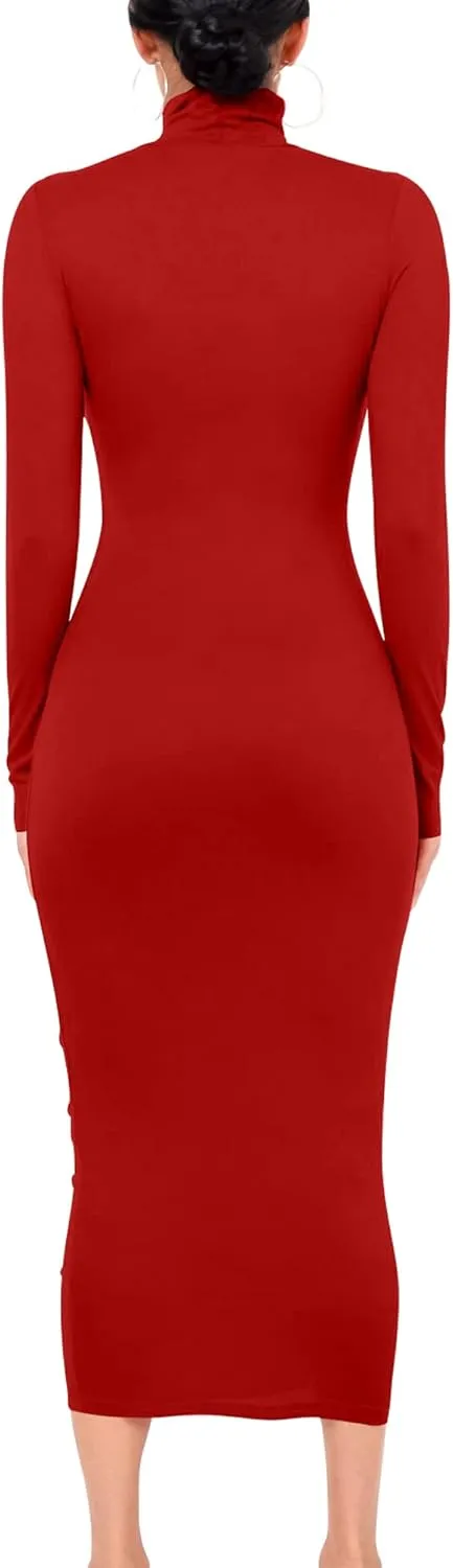 VASAUGE Women's Sexy Bodycon Club Party Long Sleeve Turtleneck Casual Midi Pencil Dress