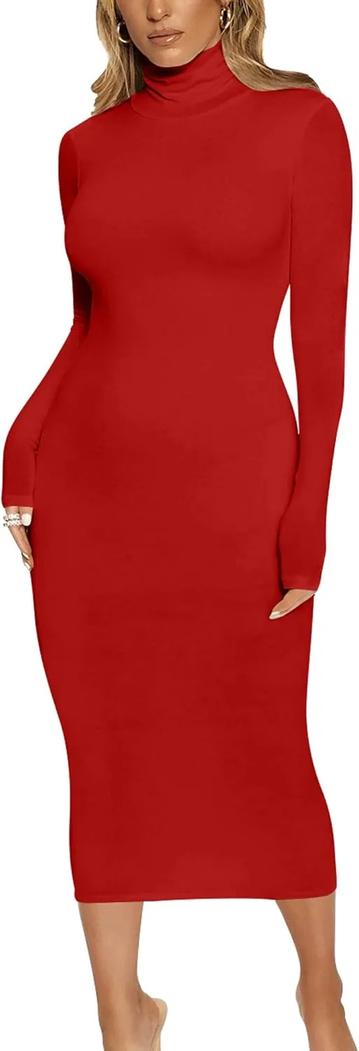 VASAUGE Women's Sexy Bodycon Club Party Long Sleeve Turtleneck Casual Midi Pencil Dress