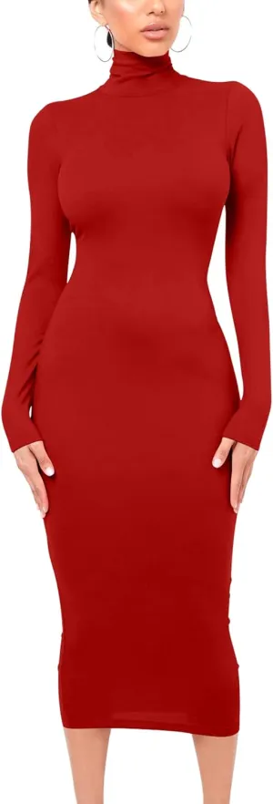 VASAUGE Women's Sexy Bodycon Club Party Long Sleeve Turtleneck Casual Midi Pencil Dress