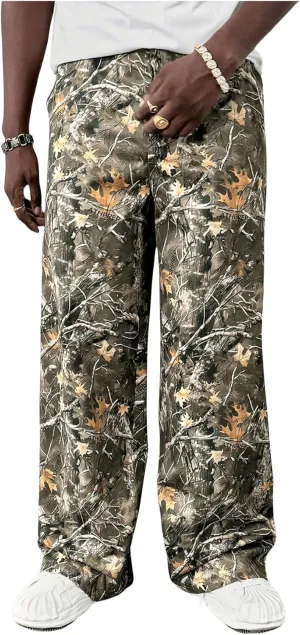 Verdusa Men's Camo Print Zipper Fly Pants Straight Leg Loose Trousers with Pocket