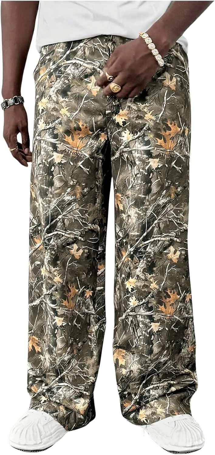 Verdusa Men's Camo Print Zipper Fly Pants Straight Leg Loose Trousers with Pocket