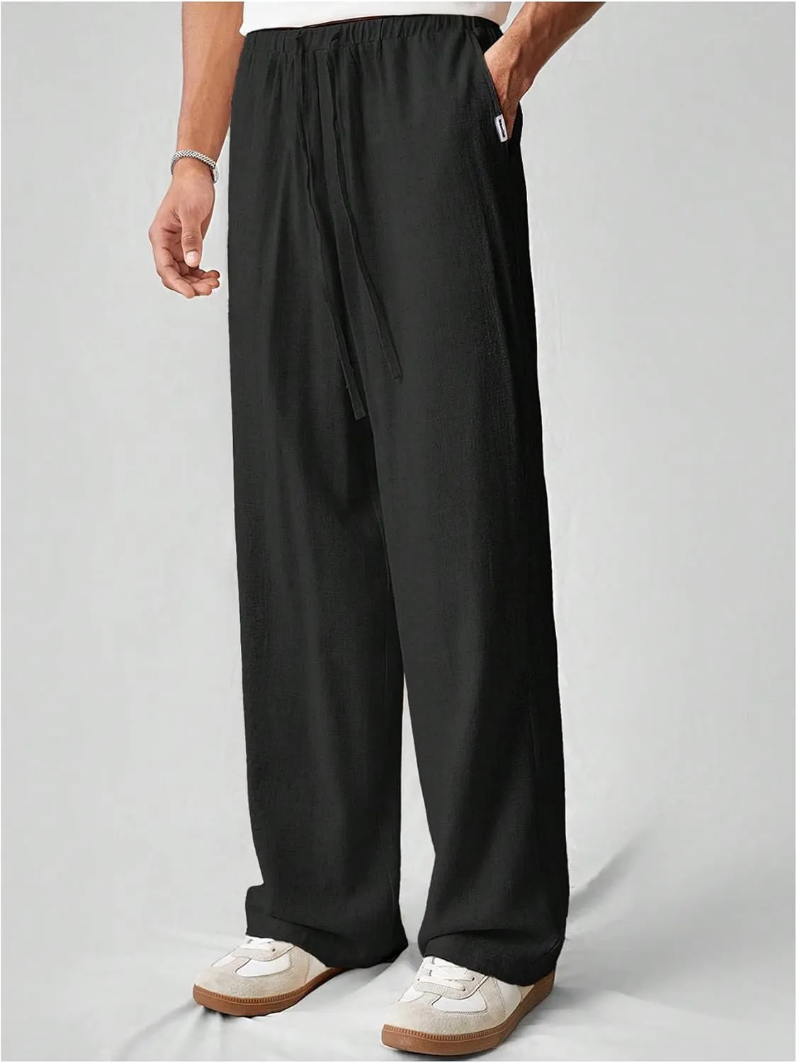 Verdusa Men's Elastic Waist Linen Pants Straight Leg Loose Trousers with Pockets