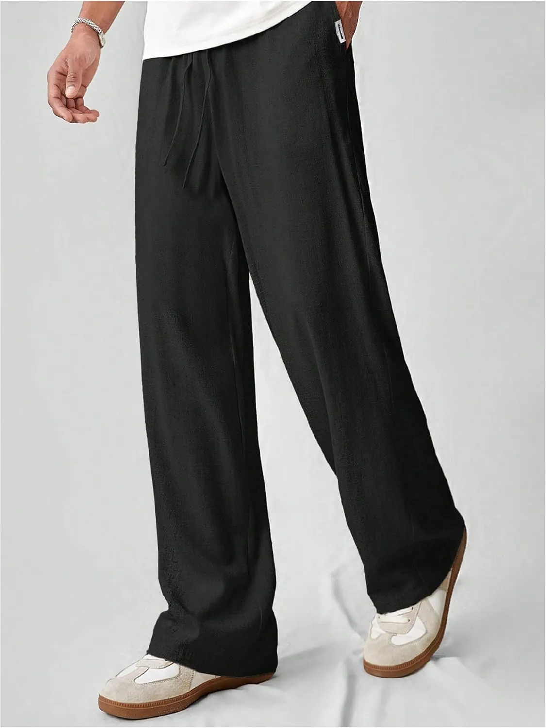 Verdusa Men's Elastic Waist Linen Pants Straight Leg Loose Trousers with Pockets