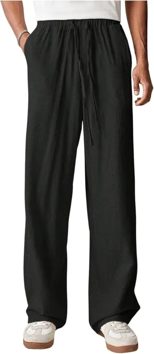 Verdusa Men's Elastic Waist Linen Pants Straight Leg Loose Trousers with Pockets