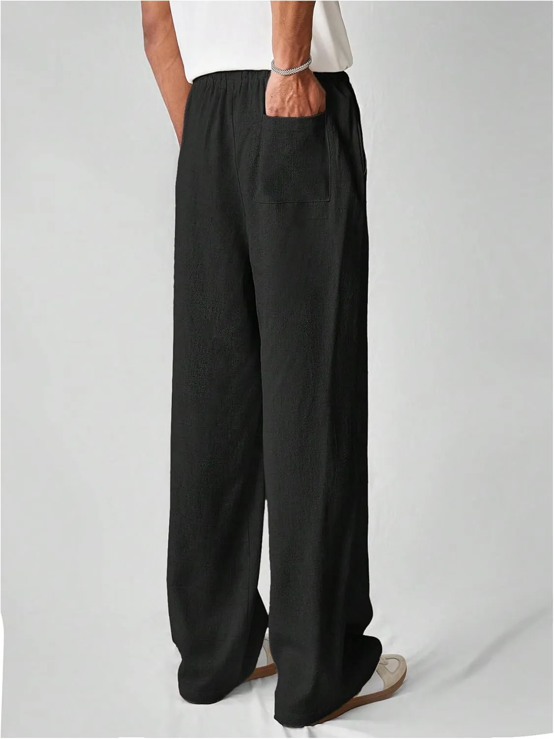 Verdusa Men's Elastic Waist Linen Pants Straight Leg Loose Trousers with Pockets