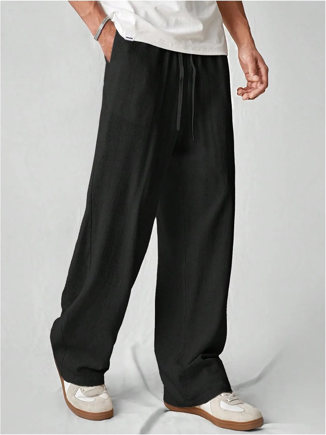 Verdusa Men's Elastic Waist Linen Pants Straight Leg Loose Trousers with Pockets