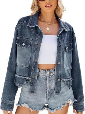 Viatabuna Women's Casual Cropped Jean Jacket Long Sleeve Frayed Hem Button Down Denim Top Fashion Trucker Crop Jean Coat