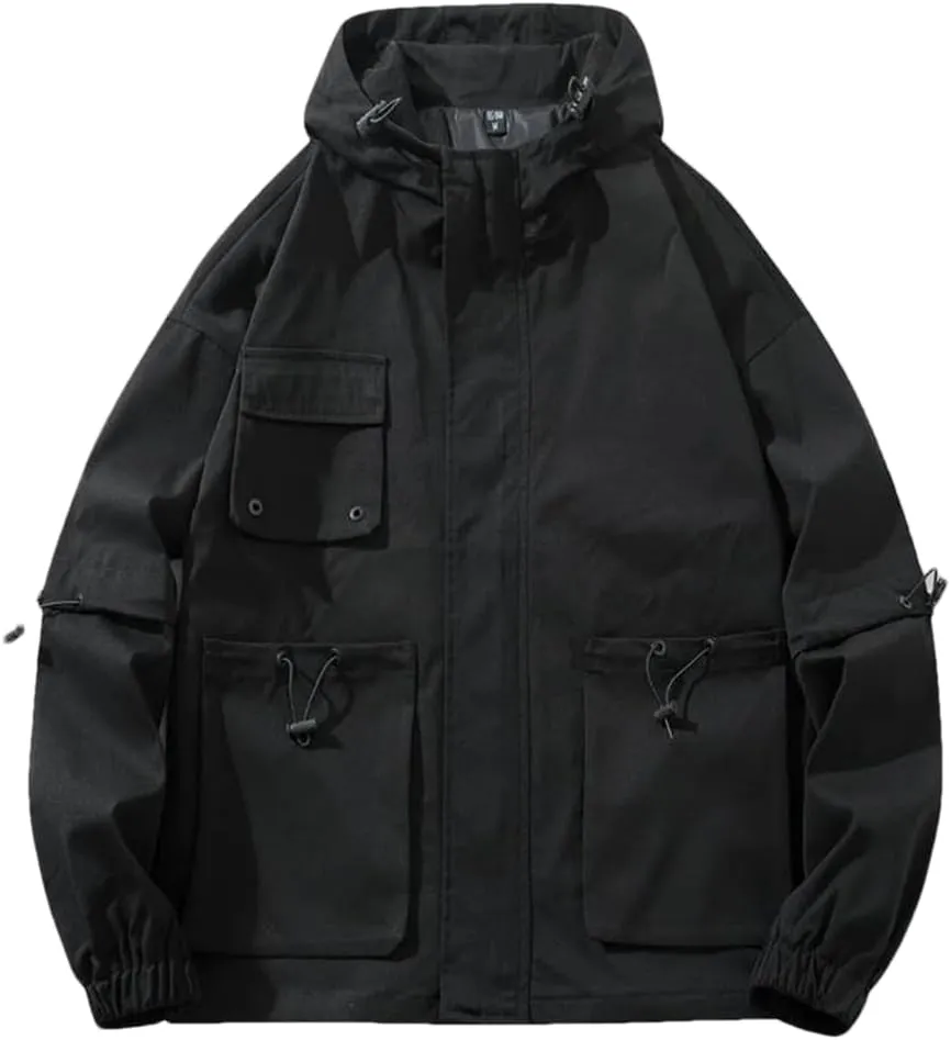 Vsadsau Hooded Jackets Men Spring Harajuku Hip Hop Print-Pocket Coat Streetwear Loose Casual Jacket