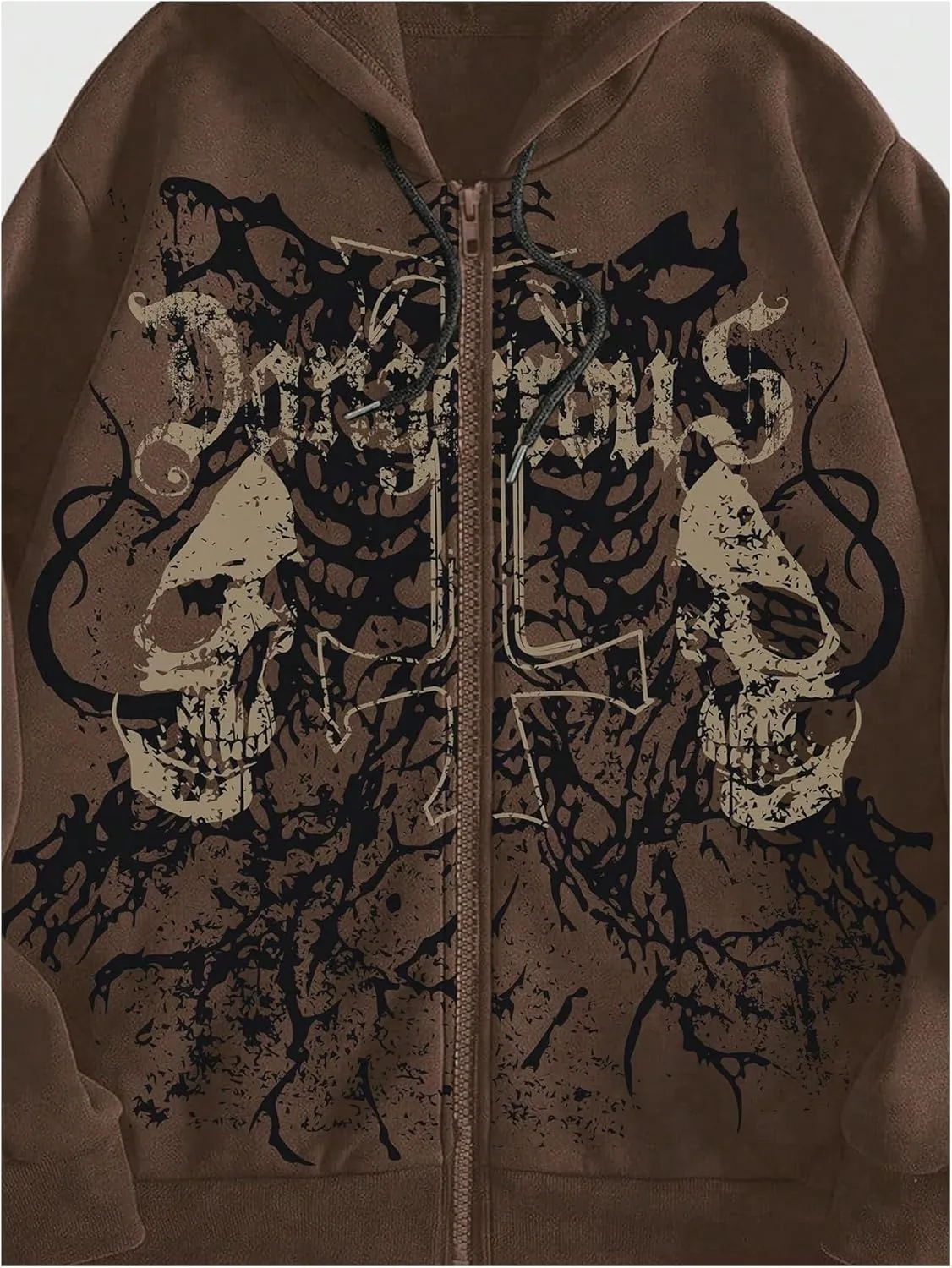 WDIRARA Men's Goth Skull Letter Graphic Drawstring Hoodie Long Sleeve Zip Up Sweatshirt