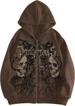 WDIRARA Men's Goth Skull Letter Graphic Drawstring Hoodie Long Sleeve Zip Up Sweatshirt