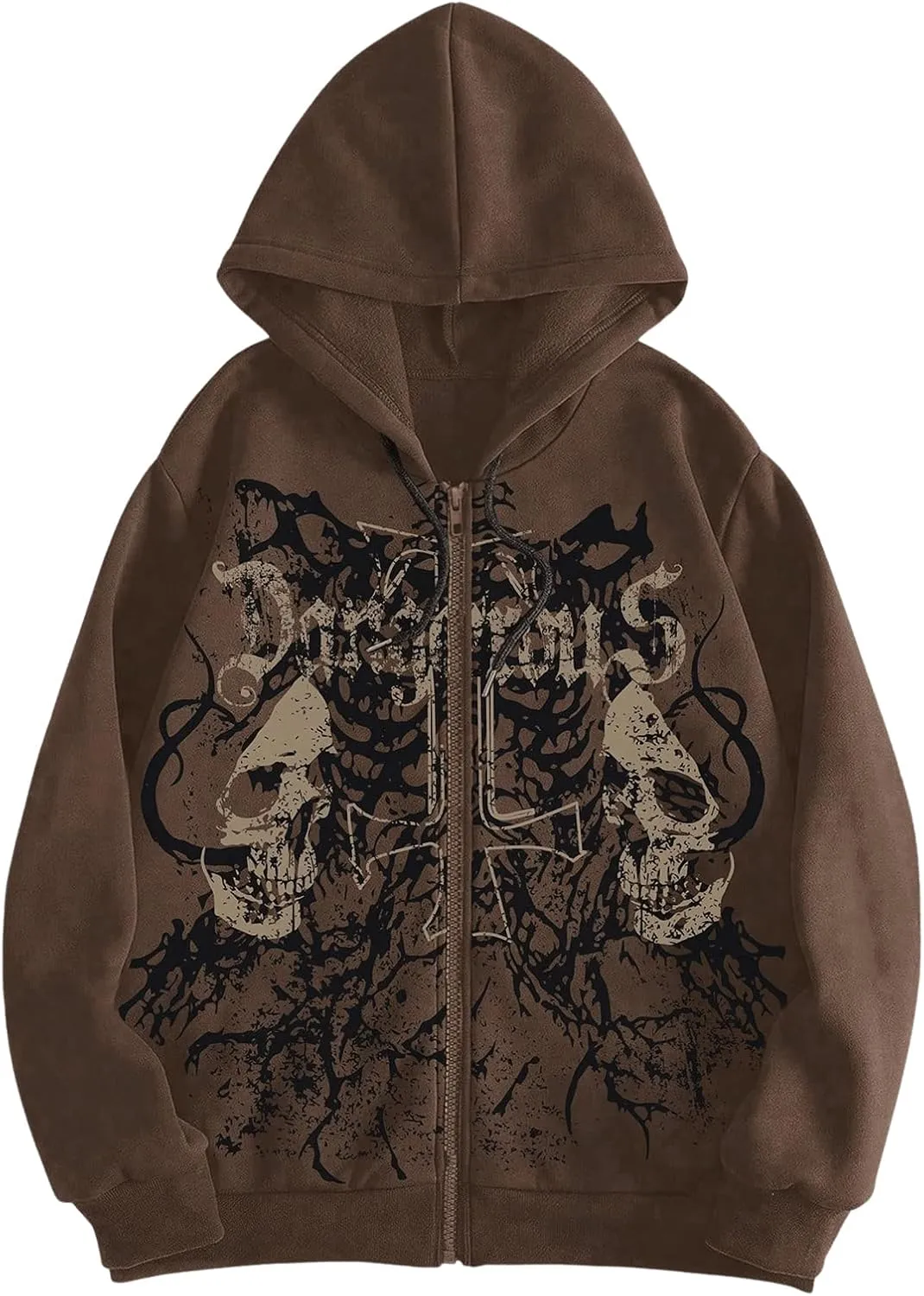 WDIRARA Men's Goth Skull Letter Graphic Drawstring Hoodie Long Sleeve Zip Up Sweatshirt