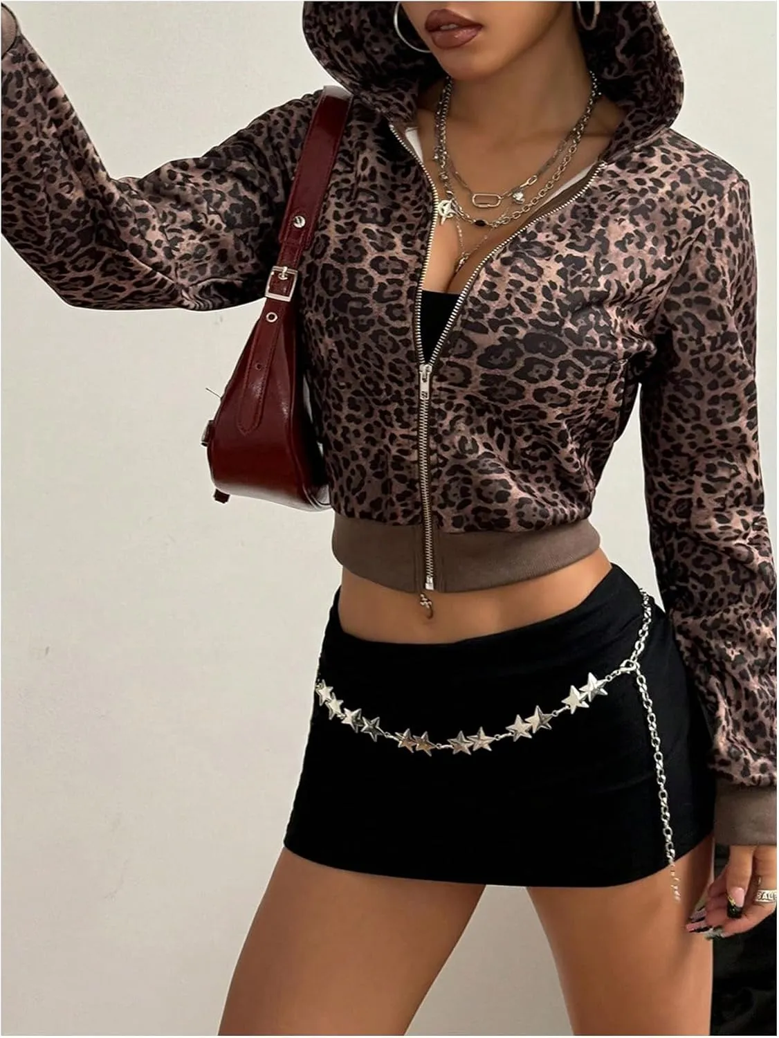 WDIRARA Women's Y2K Leopard Print Zip Up Crop Hoodie Long Sleeve Cheetah Sweatshirt