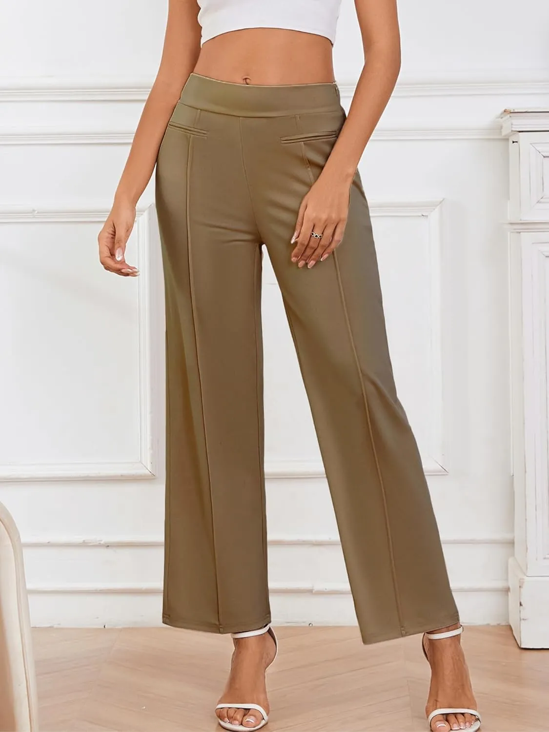 Wide Leg Pants Woman High Elastic Waisted Pant with Pockets Casual Business Work Dress Trousers with Side Zipper