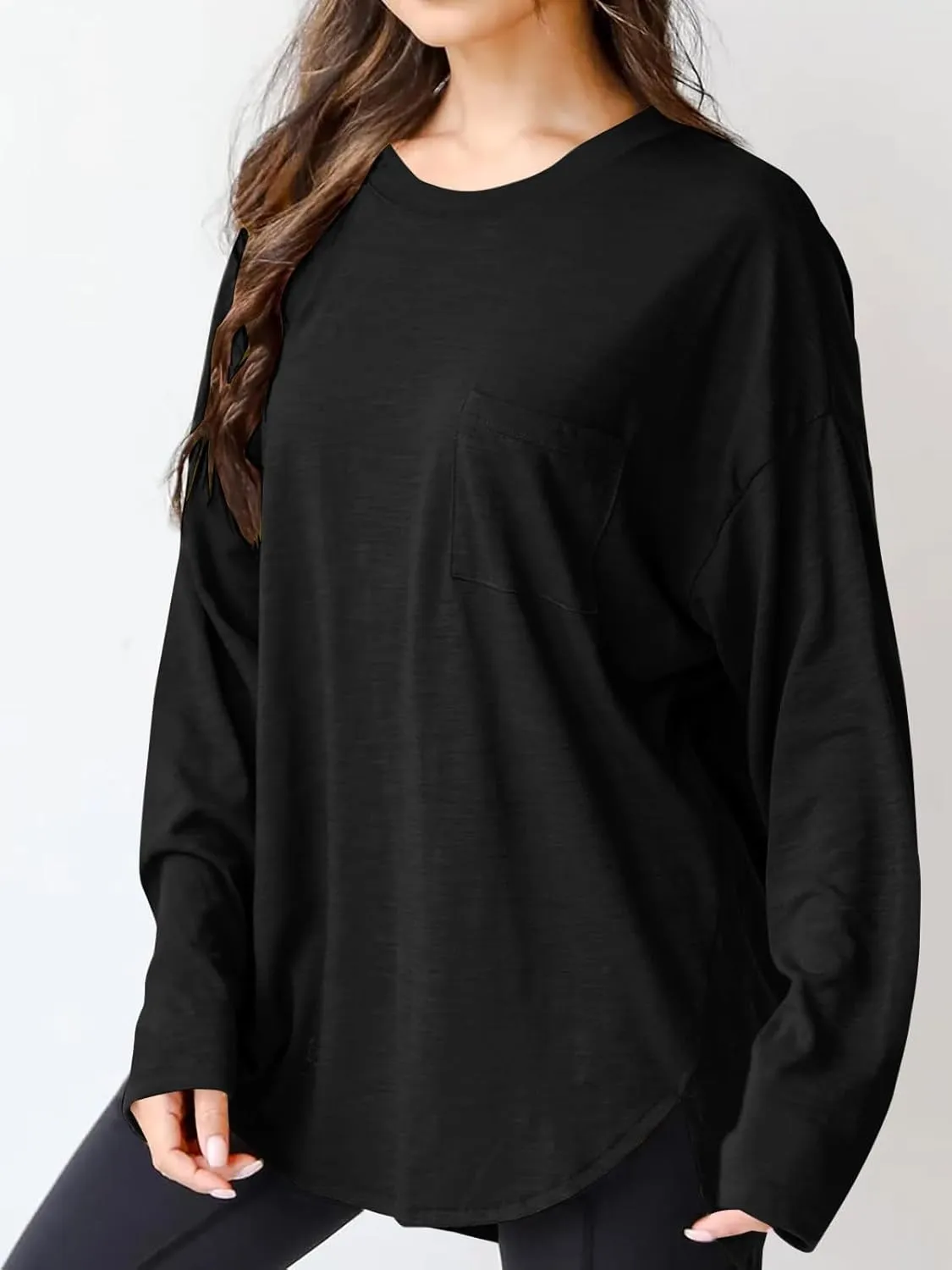 Wihion Women Oversized Long Sleeve T-Shirts Cotton Casual Crewneck Solid Tunic Tops with Pocket