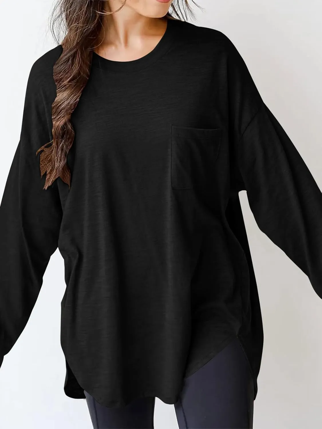 Wihion Women Oversized Long Sleeve T-Shirts Cotton Casual Crewneck Solid Tunic Tops with Pocket