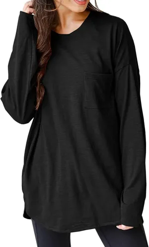 Wihion Women Oversized Long Sleeve T-Shirts Cotton Casual Crewneck Solid Tunic Tops with Pocket