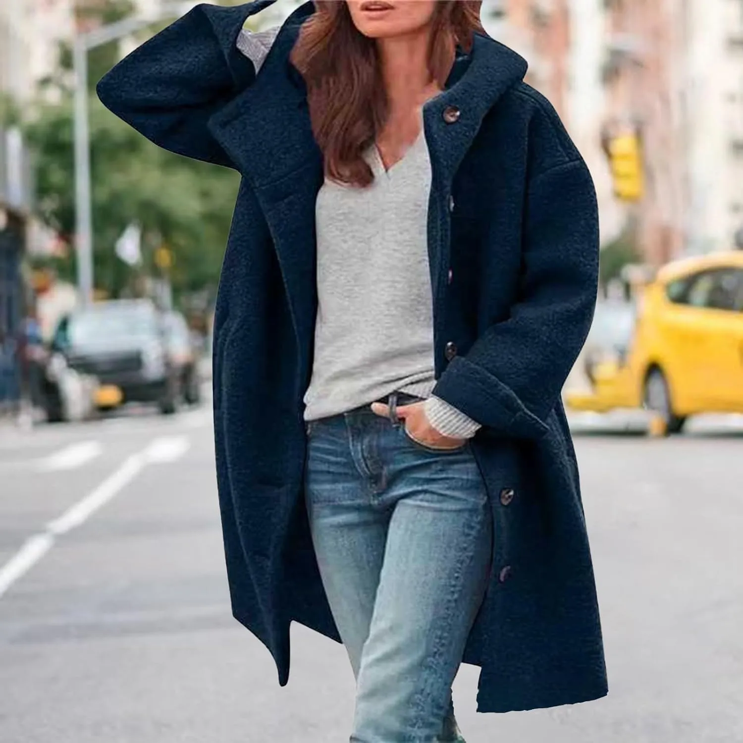 Winter Hooded Coats for Womens Casual Single-Breasted Wool Coats Trendy Lapel Button Cardigan Warm Jackets
