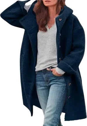 Winter Hooded Coats for Womens Casual Single-Breasted Wool Coats Trendy Lapel Button Cardigan Warm Jackets