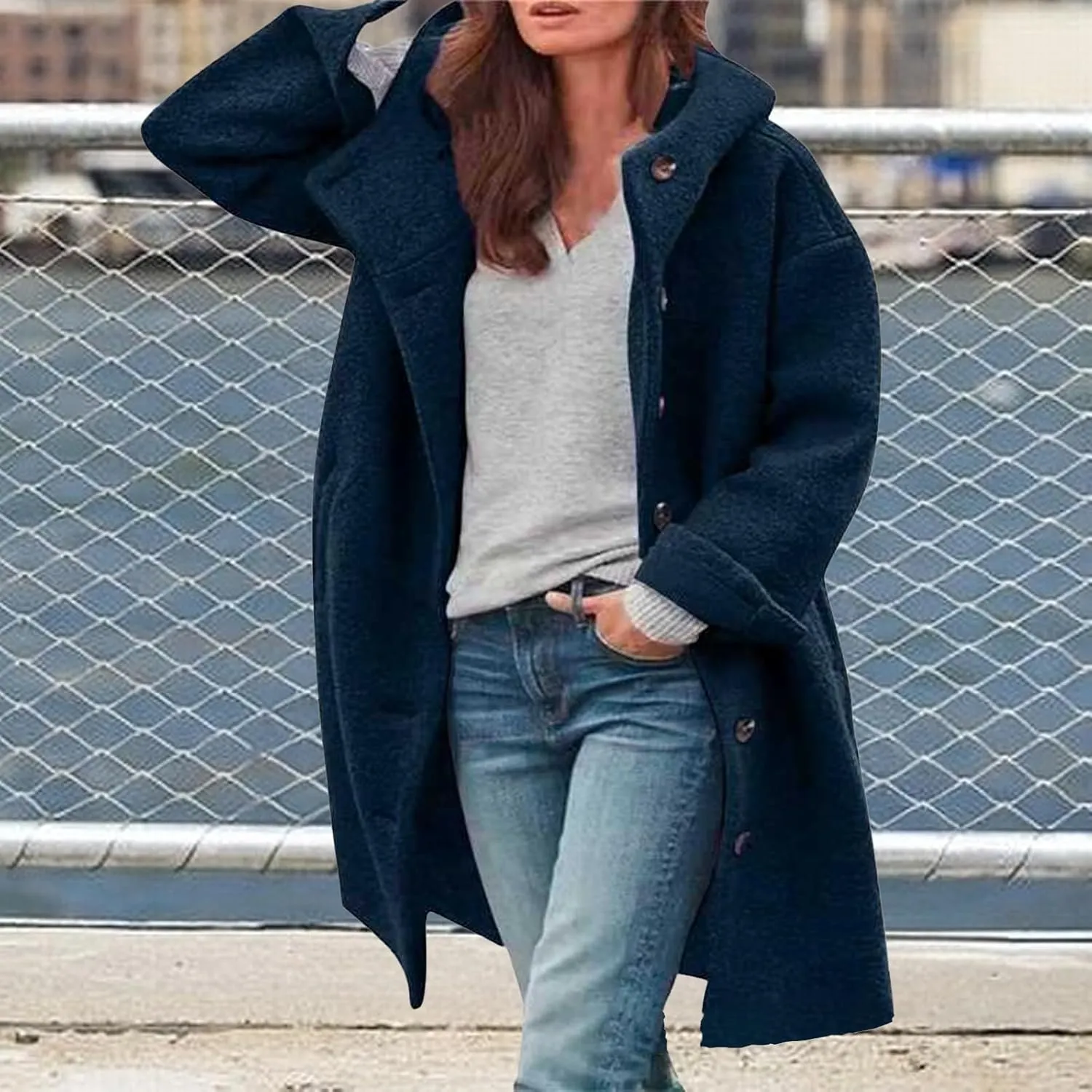 Winter Hooded Coats for Womens Casual Single-Breasted Wool Coats Trendy Lapel Button Cardigan Warm Jackets