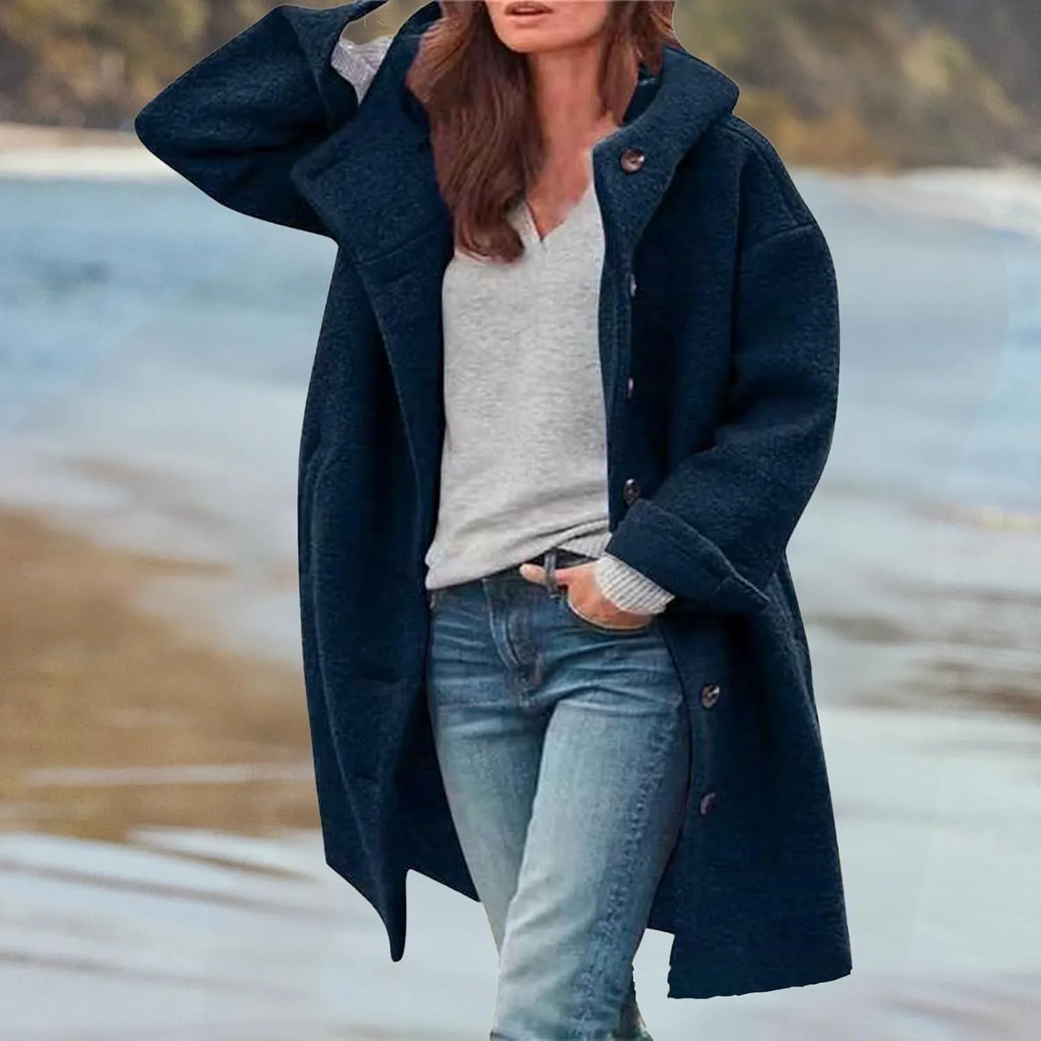 Winter Hooded Coats for Womens Casual Single-Breasted Wool Coats Trendy Lapel Button Cardigan Warm Jackets