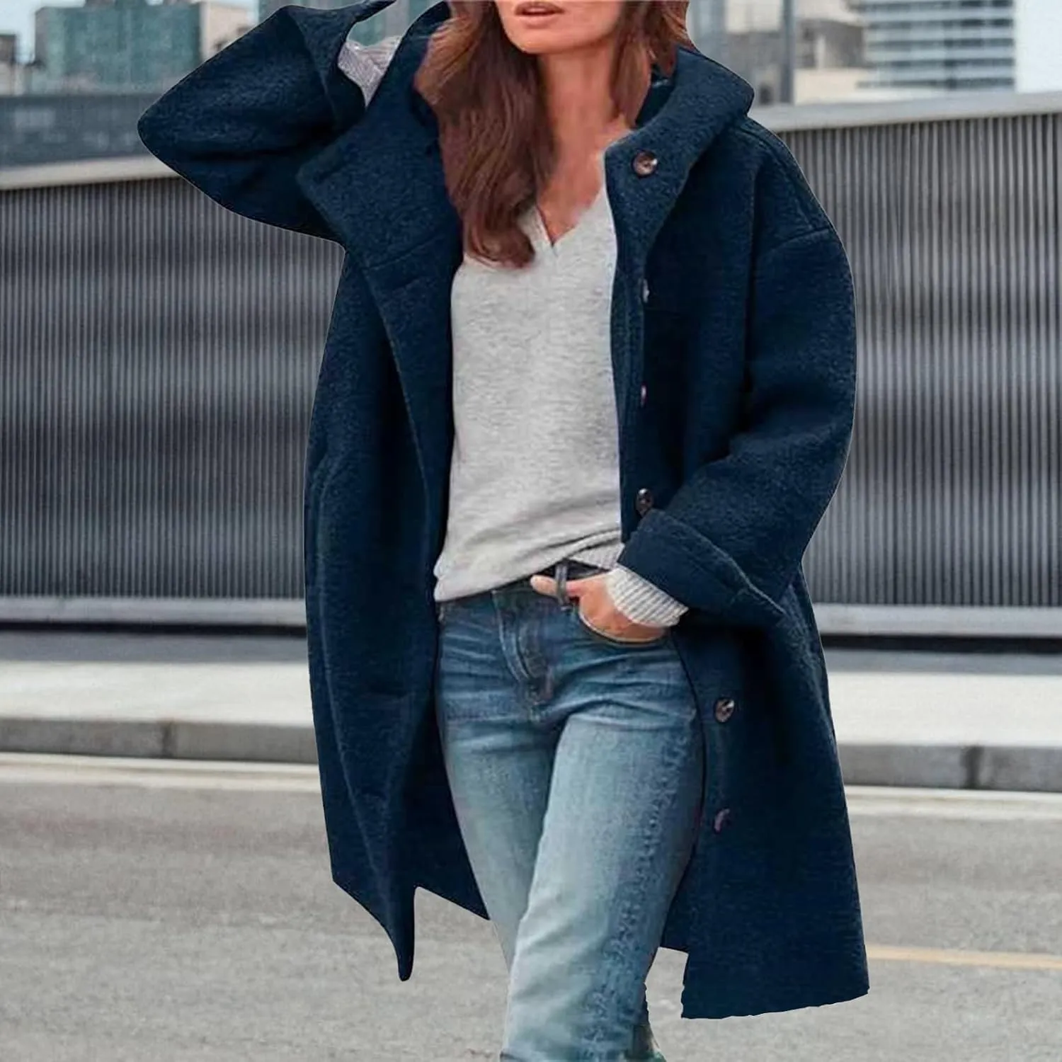 Winter Hooded Coats for Womens Casual Single-Breasted Wool Coats Trendy Lapel Button Cardigan Warm Jackets