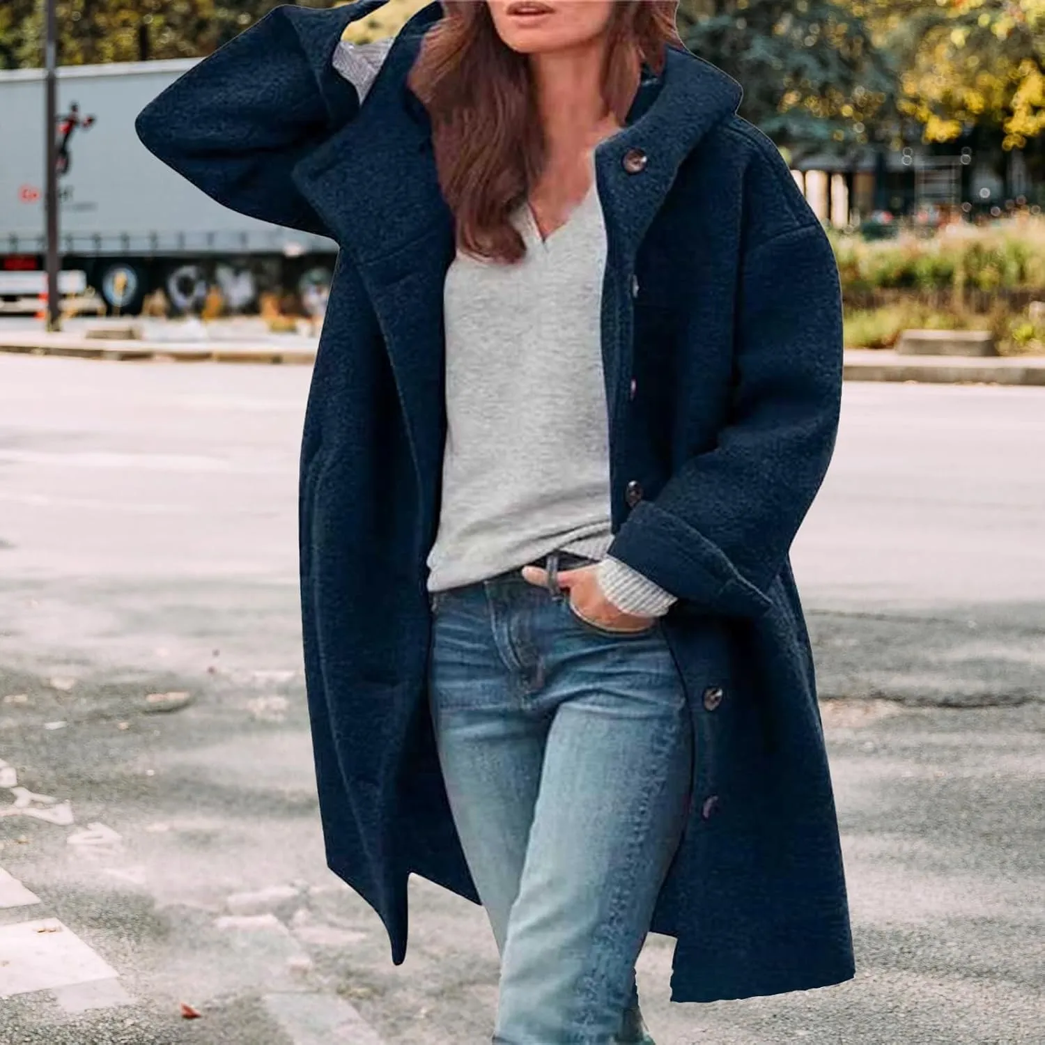 Winter Hooded Coats for Womens Casual Single-Breasted Wool Coats Trendy Lapel Button Cardigan Warm Jackets