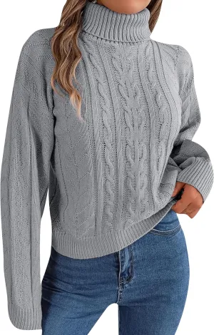 WIWIQS Women's Autumn Turtle Neck Cropped Sweater Winter Cable Knit Pullover Long Sleeve Casual Top Sweater