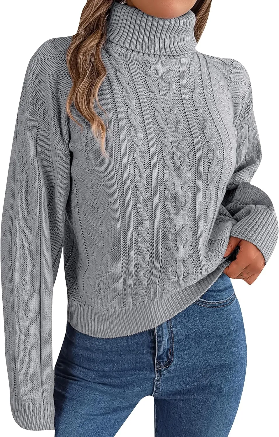 WIWIQS Women's Autumn Turtle Neck Cropped Sweater Winter Cable Knit Pullover Long Sleeve Casual Top Sweater