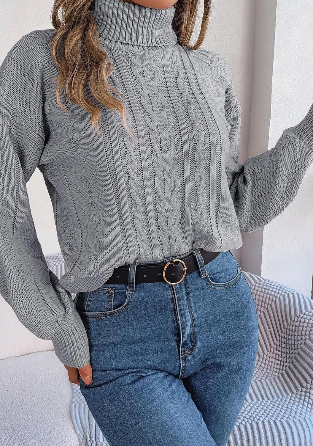 WIWIQS Women's Autumn Turtle Neck Cropped Sweater Winter Cable Knit Pullover Long Sleeve Casual Top Sweater
