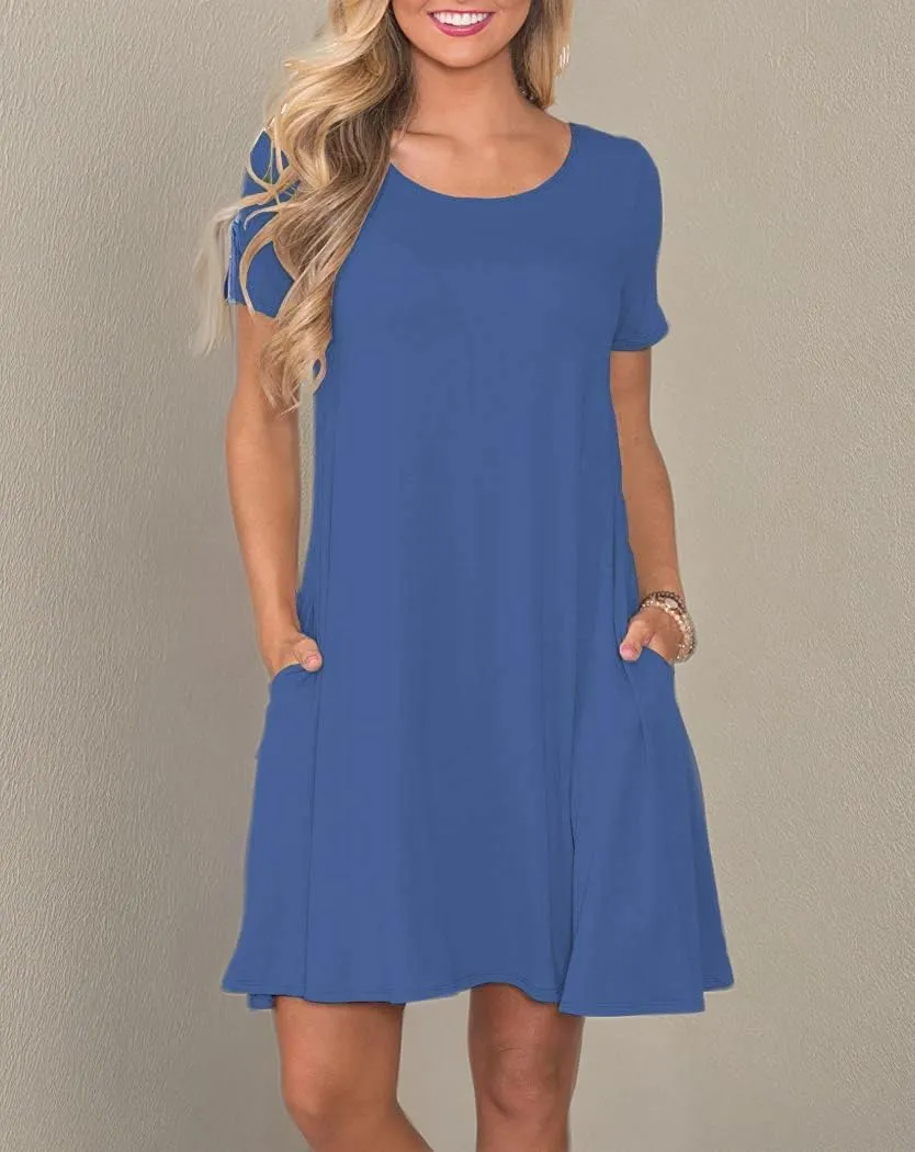 WNEEDU Women's Summer Casual T Shirt Dresses Short Sleeve Swing Dress with Pockets