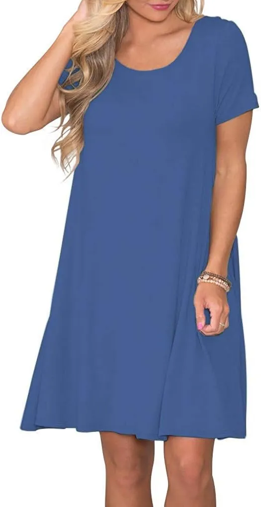 WNEEDU Women's Summer Casual T Shirt Dresses Short Sleeve Swing Dress with Pockets